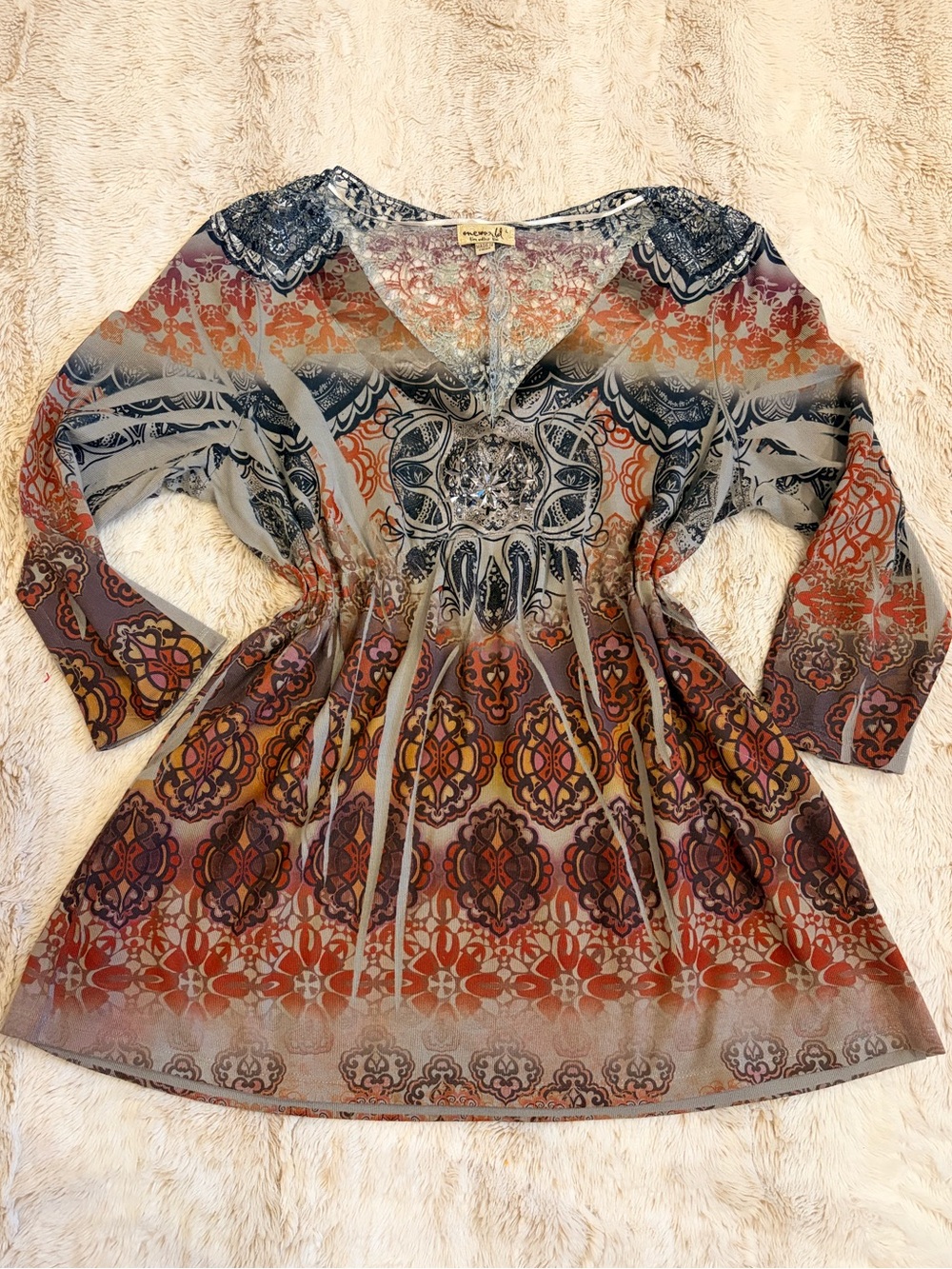 Vintage Y2K One World Babydoll Crochet Back Rhinestone Boho Tunic Top Micro Mini